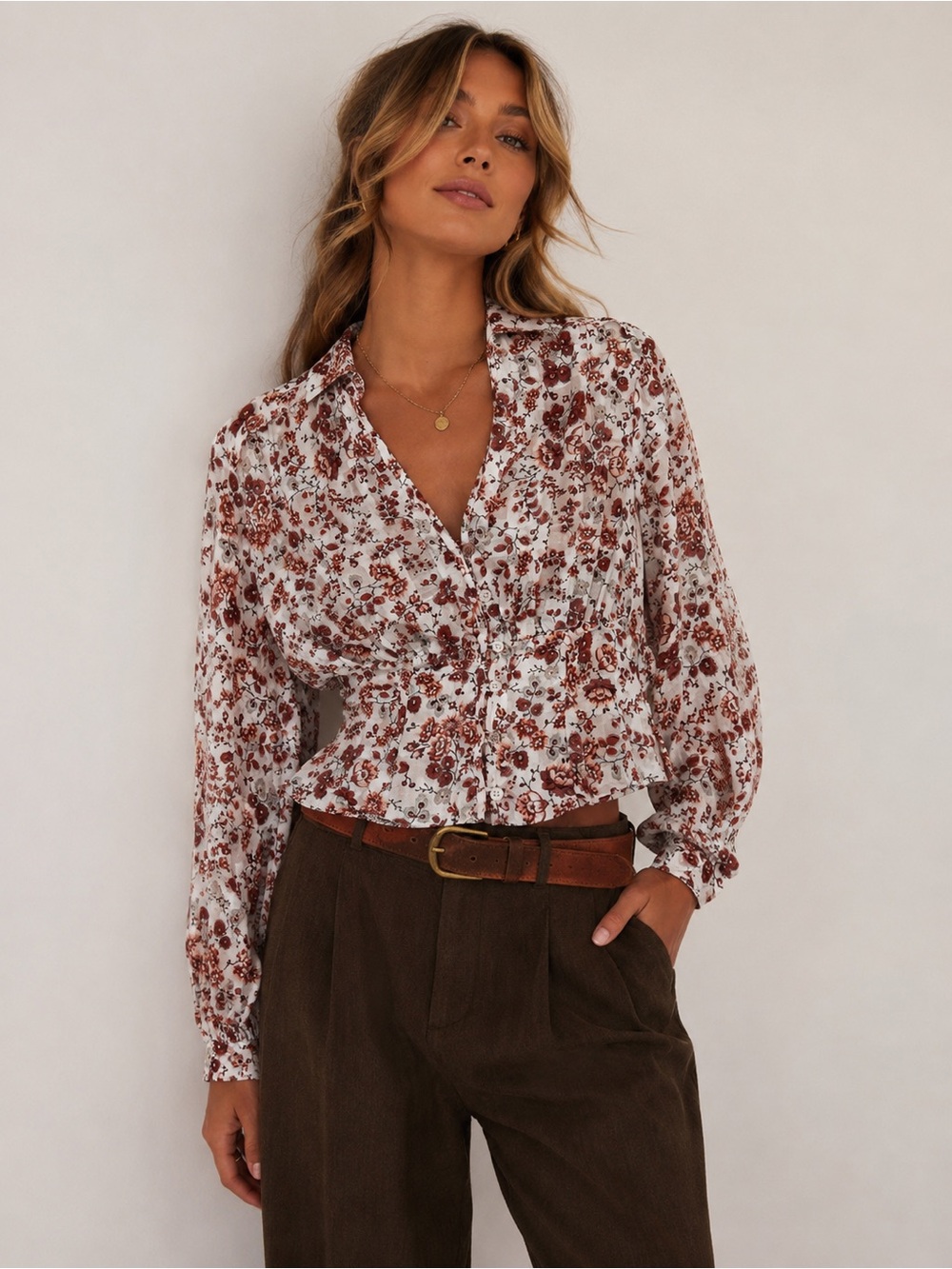 Anthropologie Floral Puff-Sleeve button down Cropped Blouse